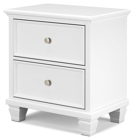 Fortman White Nightstand side view showing tapered feet