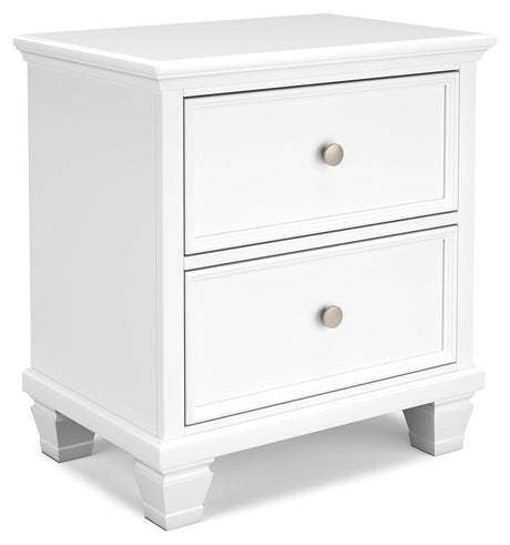 Fortman White Nightstand angled view showing drawer knobs