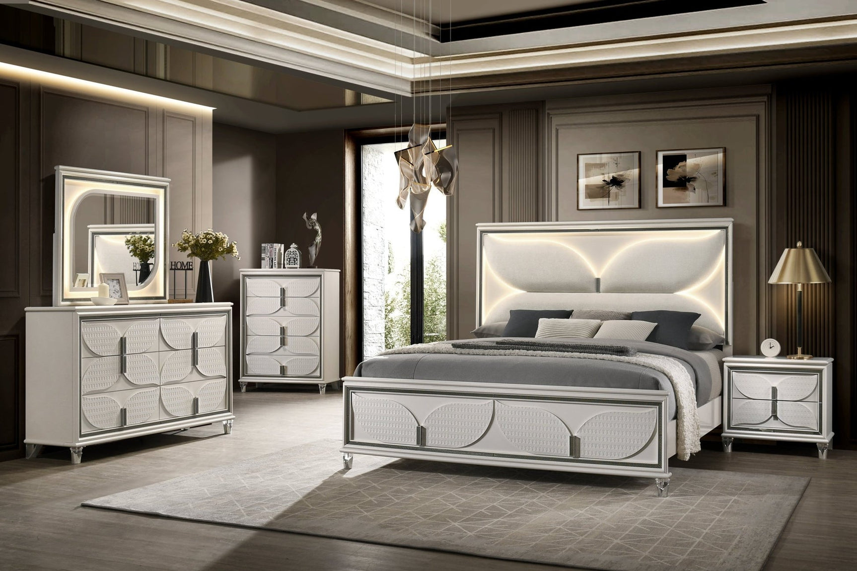 Main view of Hayma White Upholstered LED Bedroom Set bed