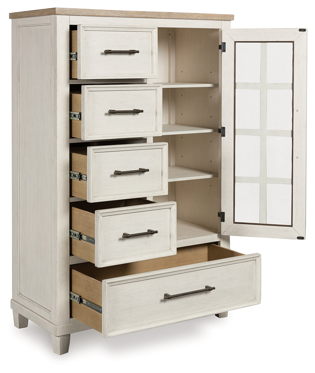 Shaybrock door chest side angle showing door open with shelves