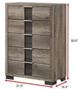 Rangley Gray 5-drawer Chest side angle highlighting wood grain and finish