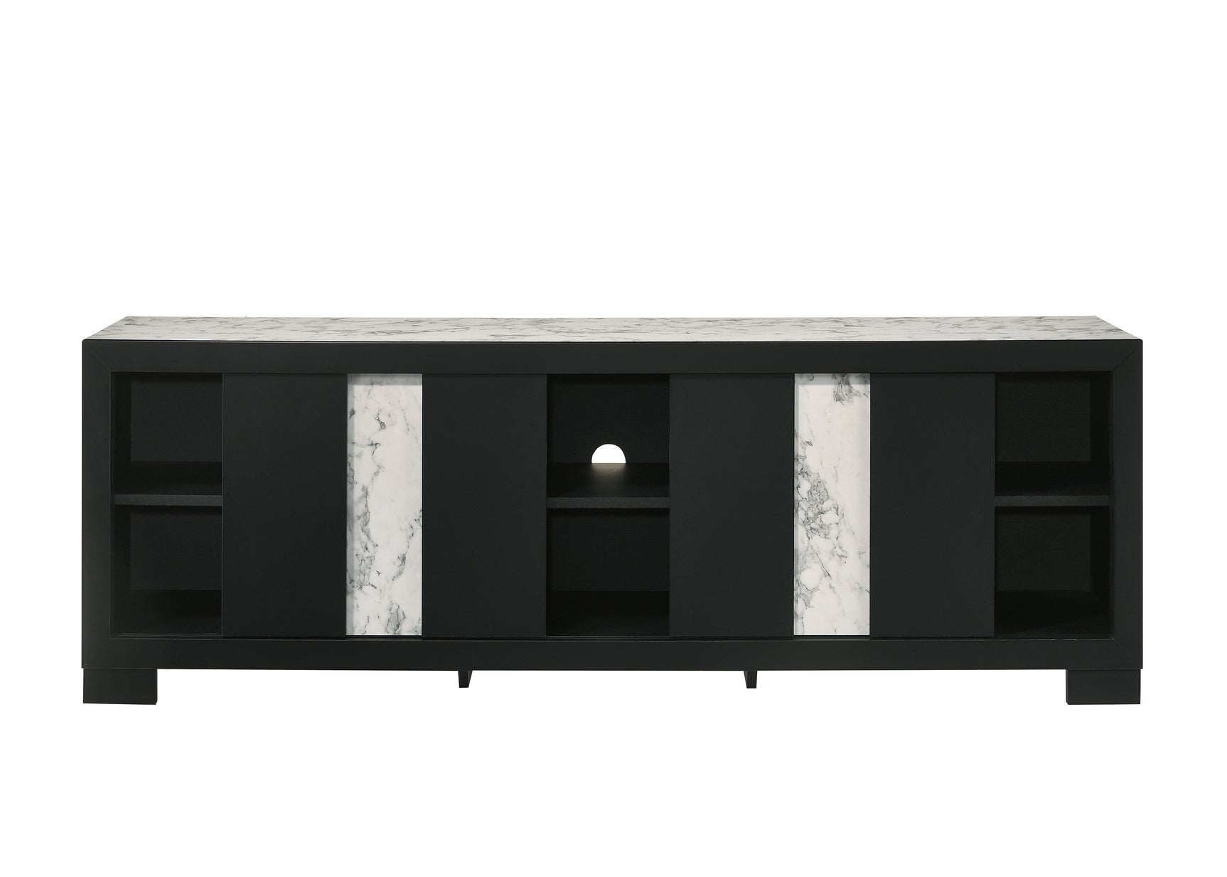 Close-up of Rangley Black TV Stand black finish and hardware