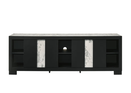 Close-up of Rangley Black TV Stand black finish and hardware
