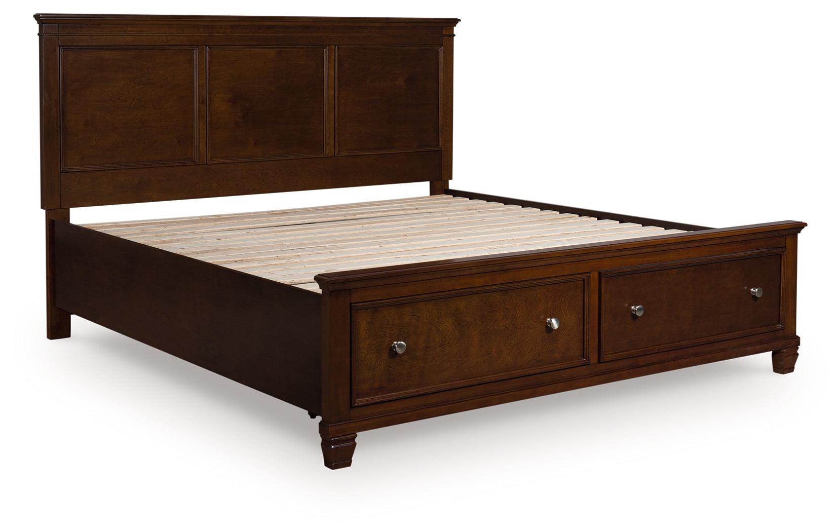 Danabrin Brown King Panel Storage Bed angled view with drawers closed
