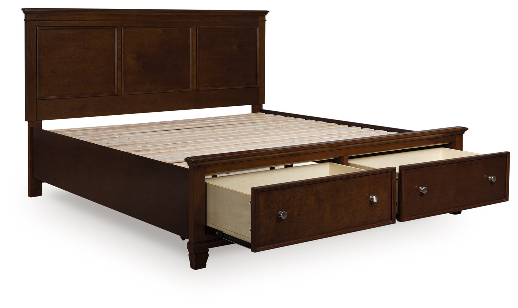 Danabrin Brown King Panel Storage Bed angled view with drawers open