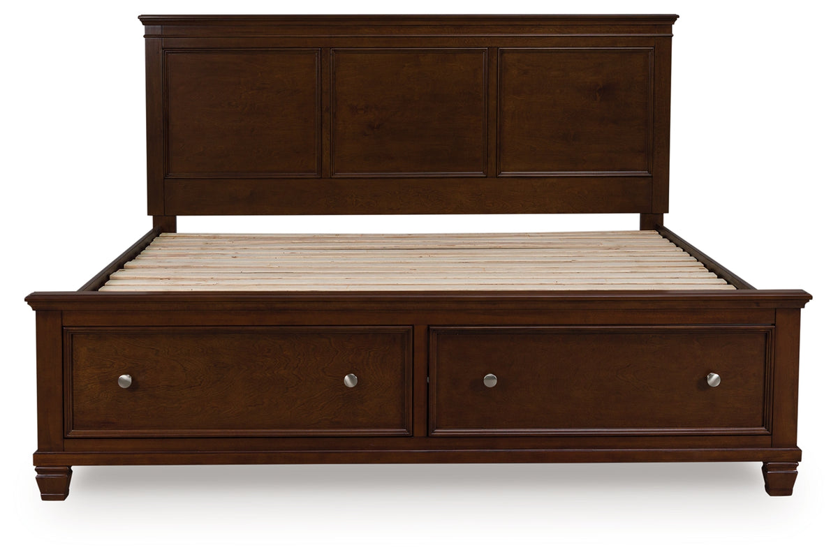 Danabrin Brown King Panel Storage Bed head-on view showing panel headboard