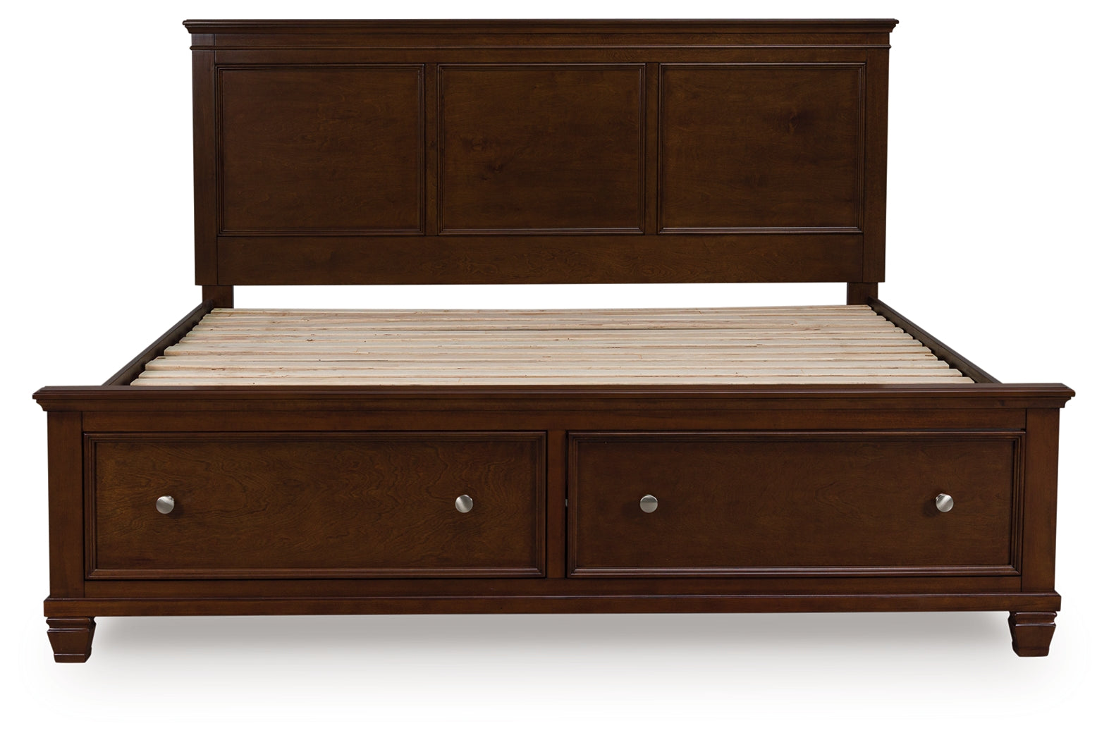Danabrin Brown King Panel Storage Bed head-on view showing panel headboard