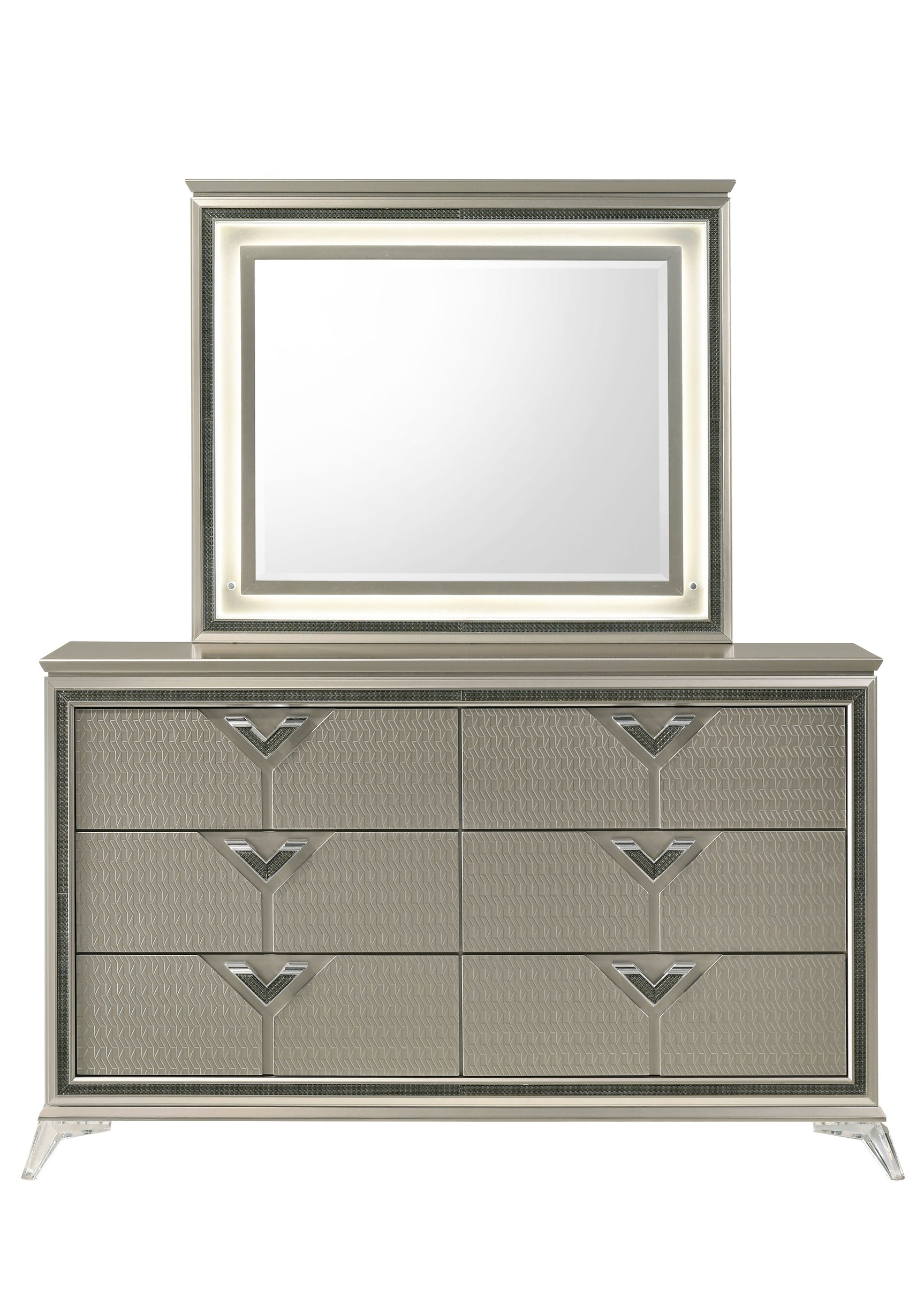 dresser and mirror from Larana Champagne Upholstered LED Panel Bedroom Set