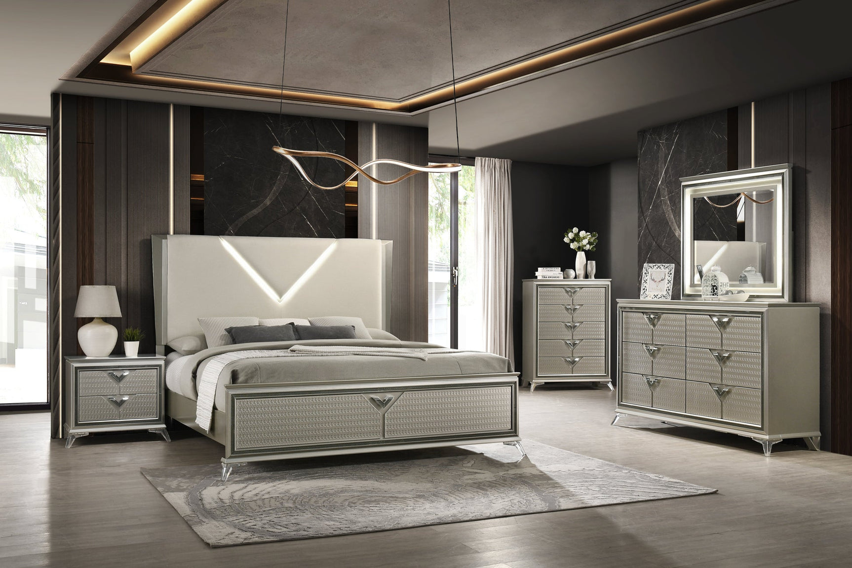 Larana bedroom set with beige headboard and LED lighting