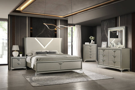 Larana bedroom set with beige headboard and LED lighting