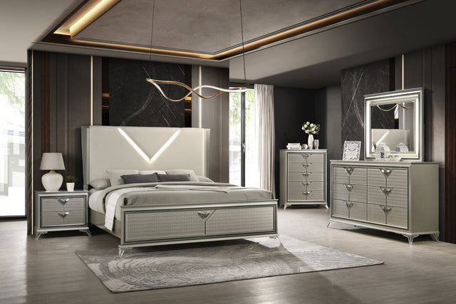 Larana bedroom set with beige headboard and LED lighting