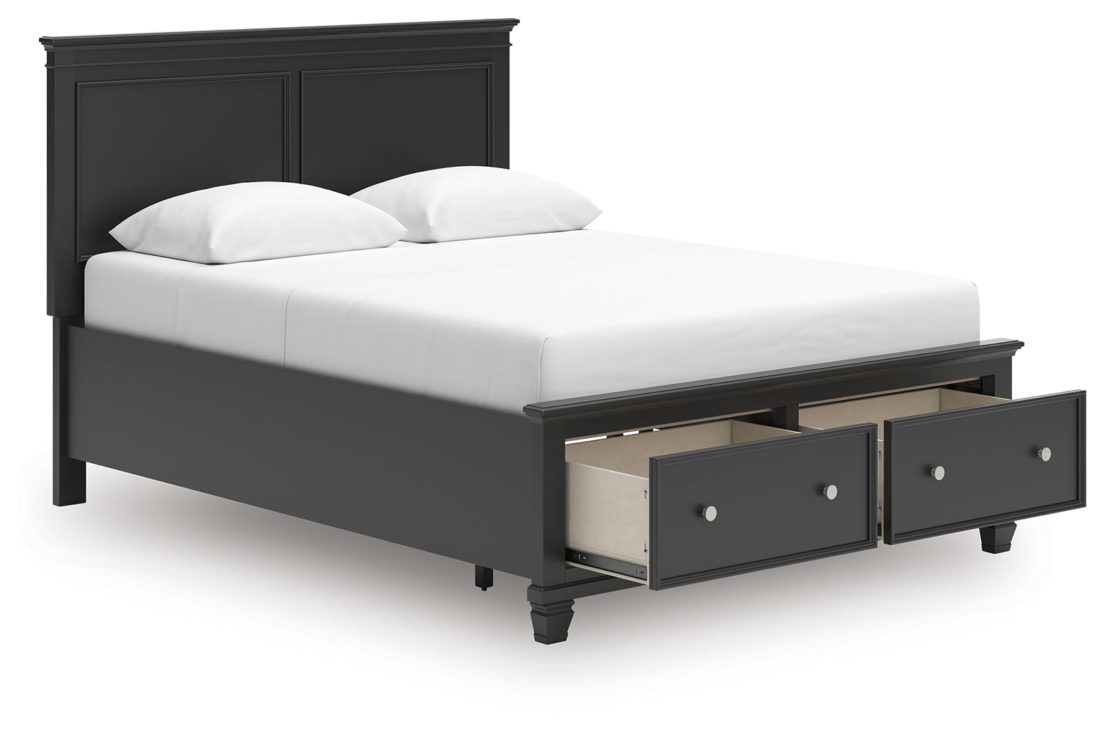 Lanolee Black Queen Panel Storage Bed footboard drawers open