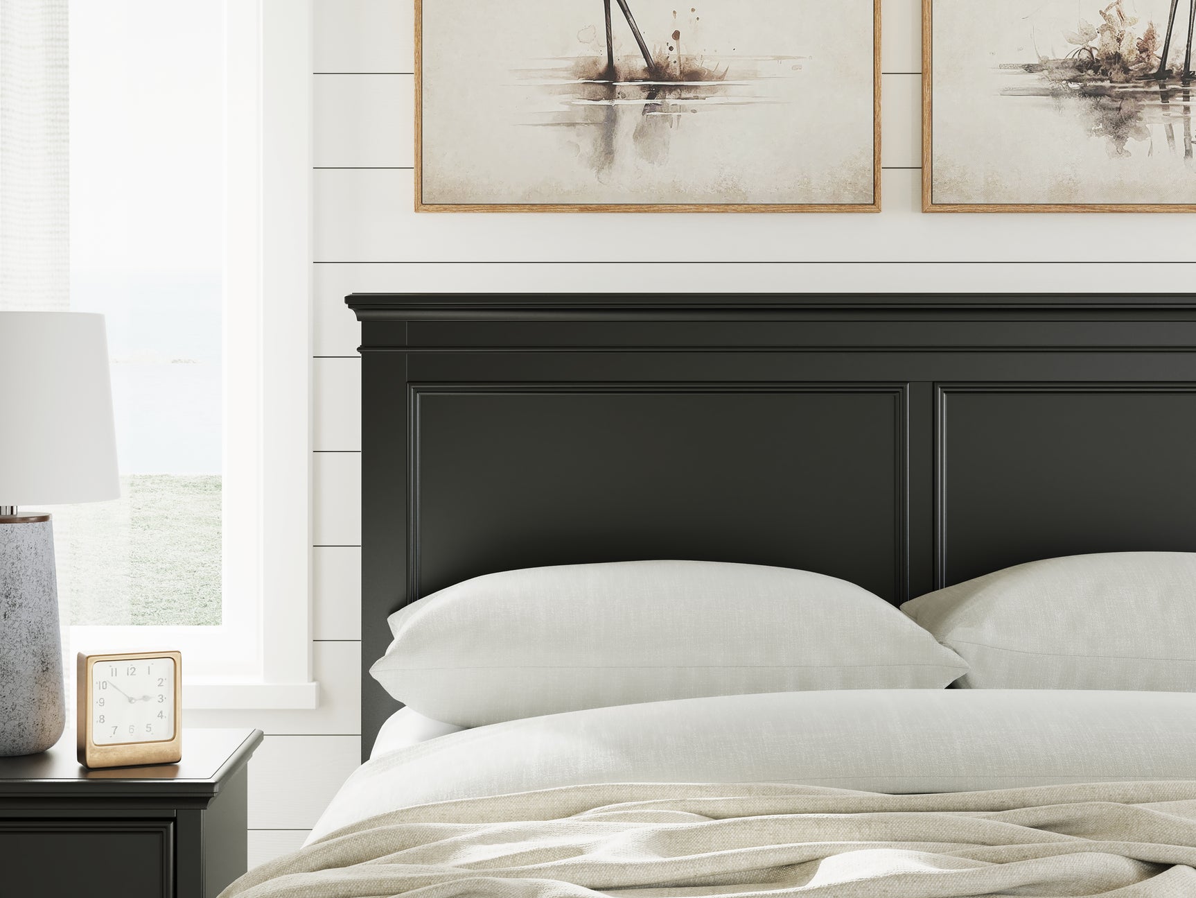 Close-up of Lanolee Black Queen Panel Storage Bed headboard detail
