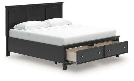 Storage drawers open in Lanolee King Panel Storage Bed footboard