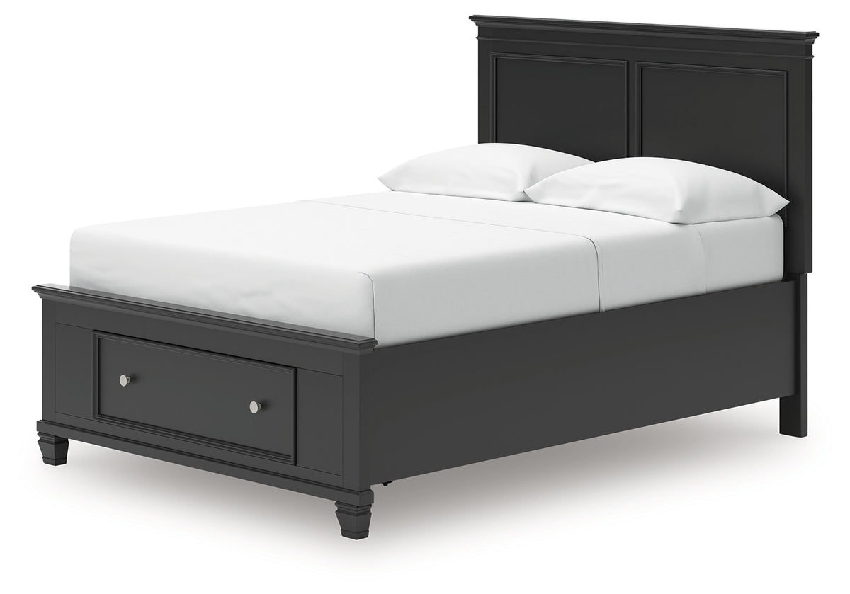 Storage drawers on black full panel bed