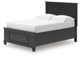 Storage drawers on black full panel bed