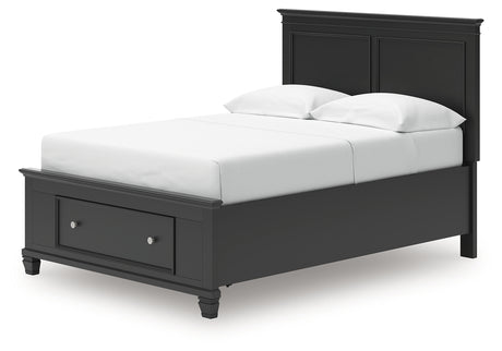 Storage drawers on black full panel bed