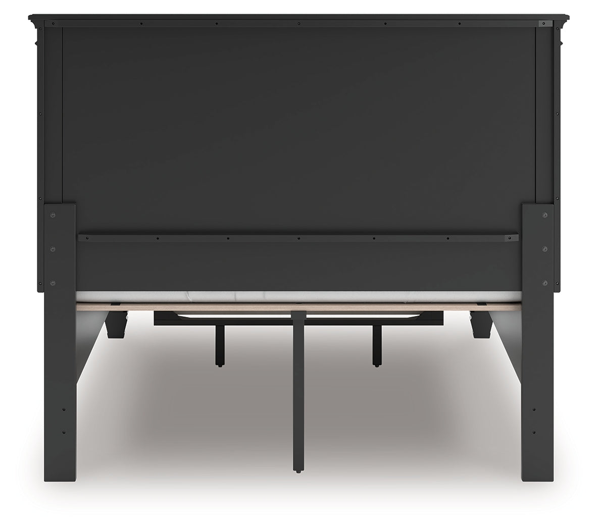 Back view of the black full panel storage bed