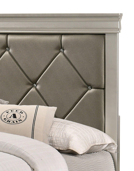 Bedroom view of Amalia Silver Faux Leather Upholstered Tufted Panel King Bed