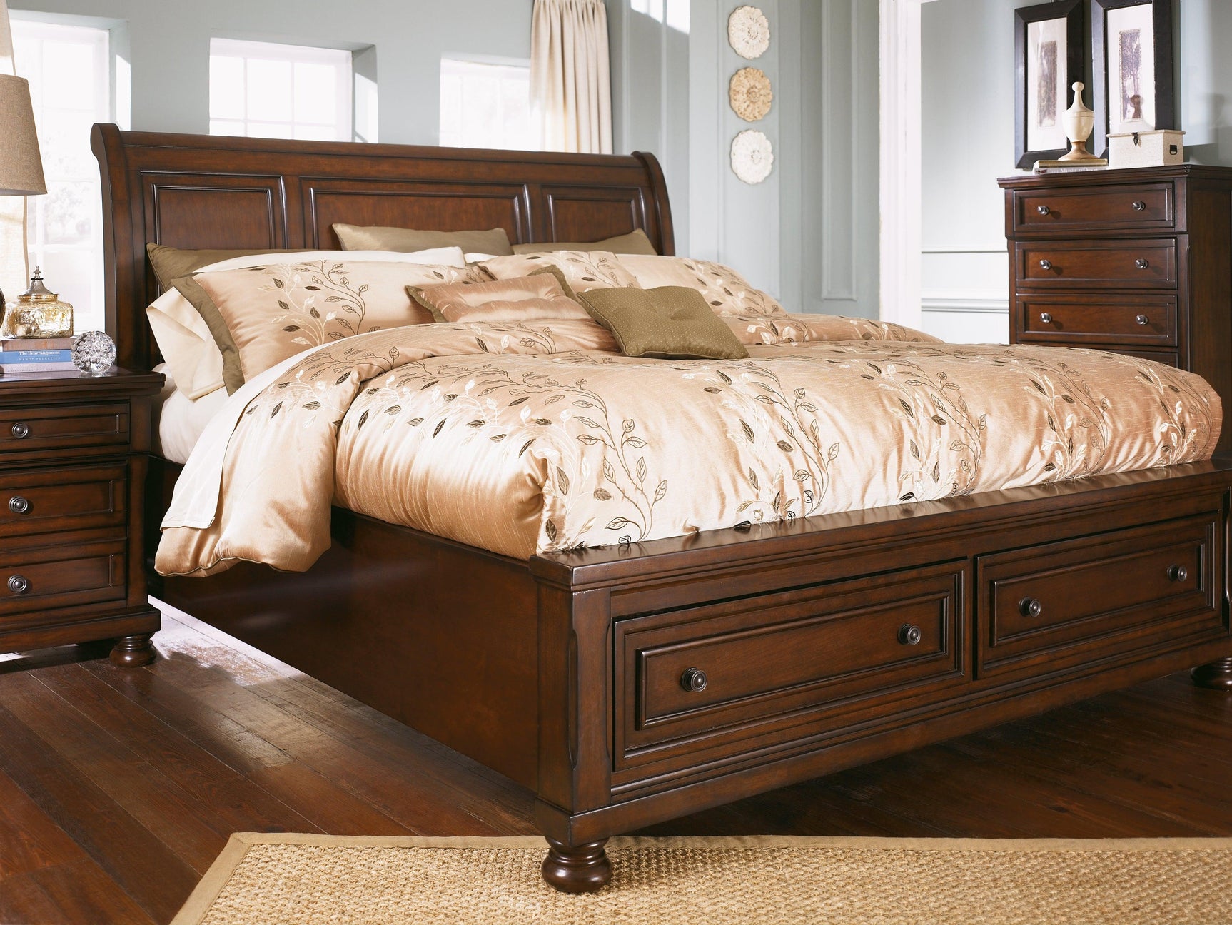 Porter King Sleigh Bed rustic brown finish mood