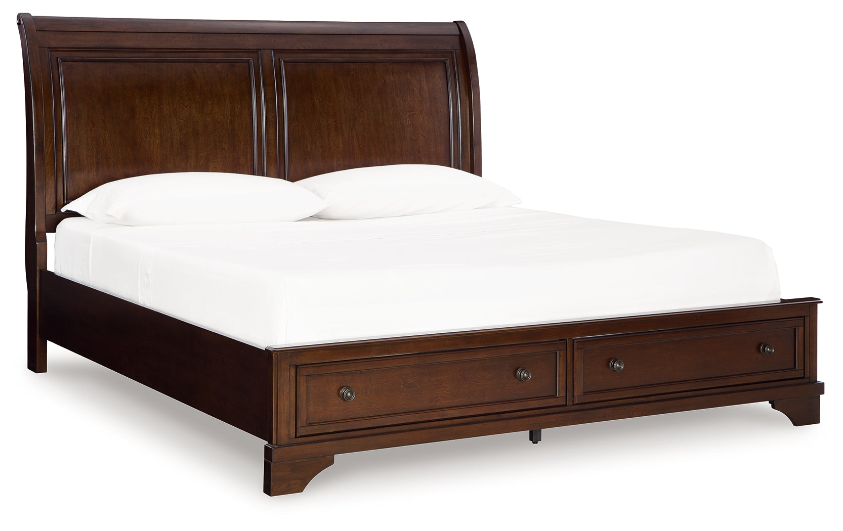 Trellington Brown King Sleigh Storage Bed angled side view