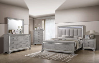 side view of Vail Gray LED Upholstered Panel Bedroom Set bed