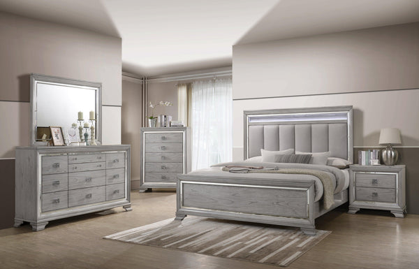 side view of Vail Gray LED Upholstered Panel Bedroom Set bed