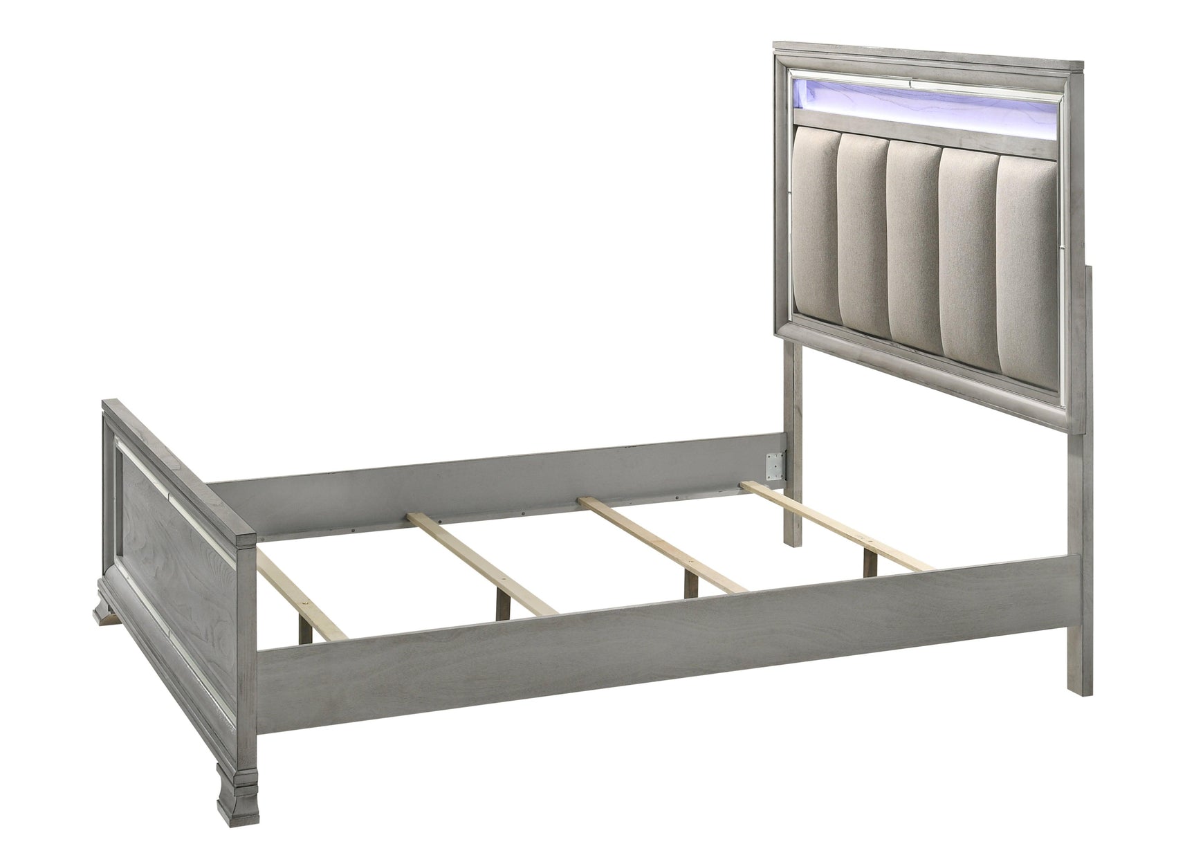 side view of Vail Gray LED Upholstered Panel Bedroom Set queen bed
