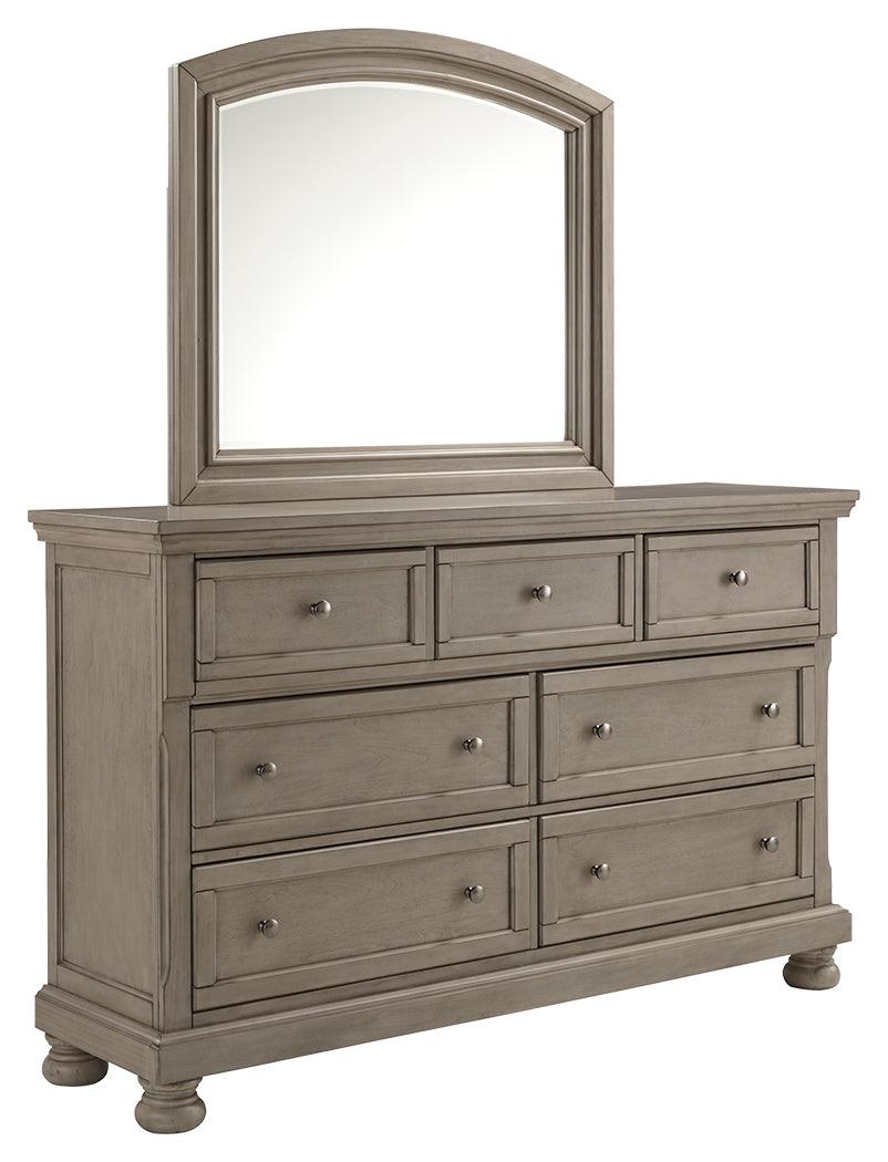 Lettner Light Gray Dresser and Mirror - side view showing drawers