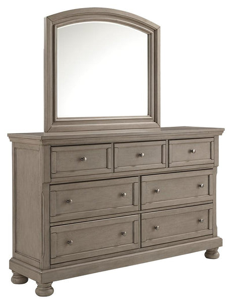 Lettner Light Gray Dresser and Mirror - side view showing drawers