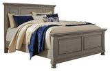 Queen size upholstered panel bed in light gray fabric