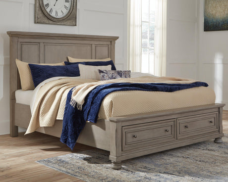 Close-up of headboard and silvertone patina hardware on Lettner King Bed
