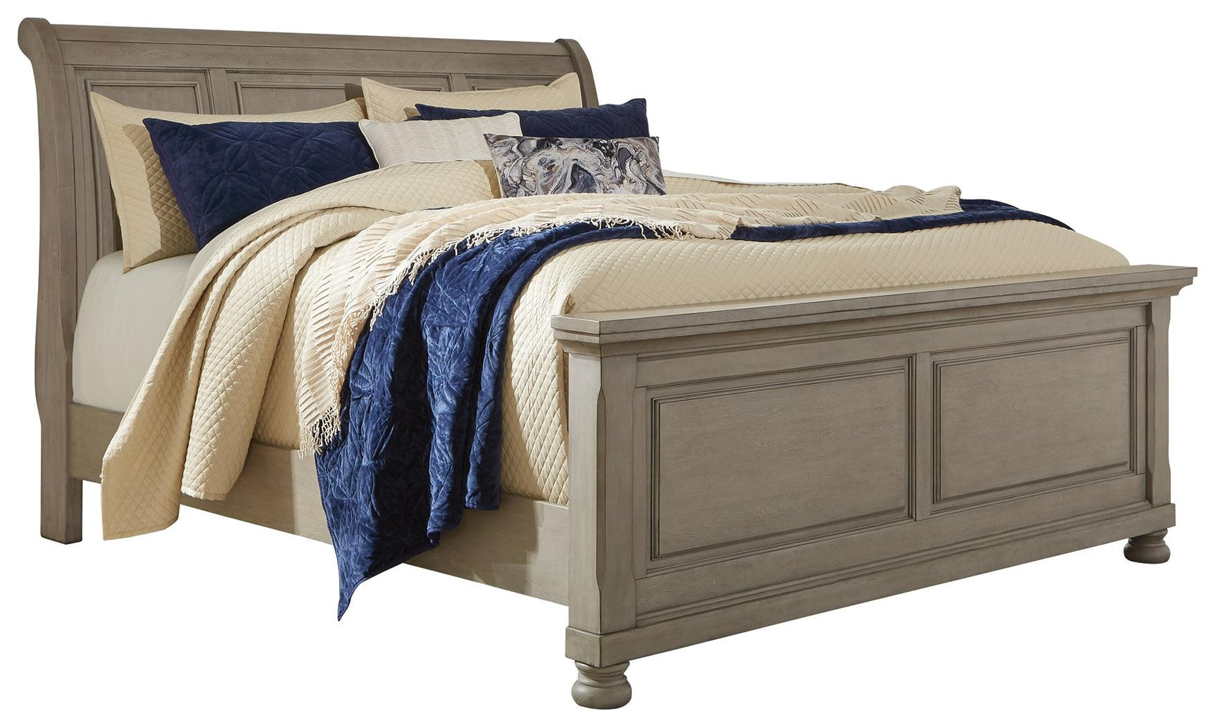 Side view of Lettner Light Gray King Sleigh Bed showing panel footboard