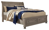 Side angle of Lettner Light Gray King Sleigh Bed showing sleigh headboard