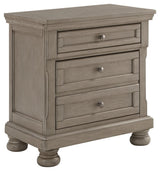 Side angle of Lettner Light Gray Nightstand showing drawers