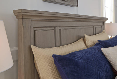 Close-up of molded accents on Lettner Light Gray King Panel Bed
