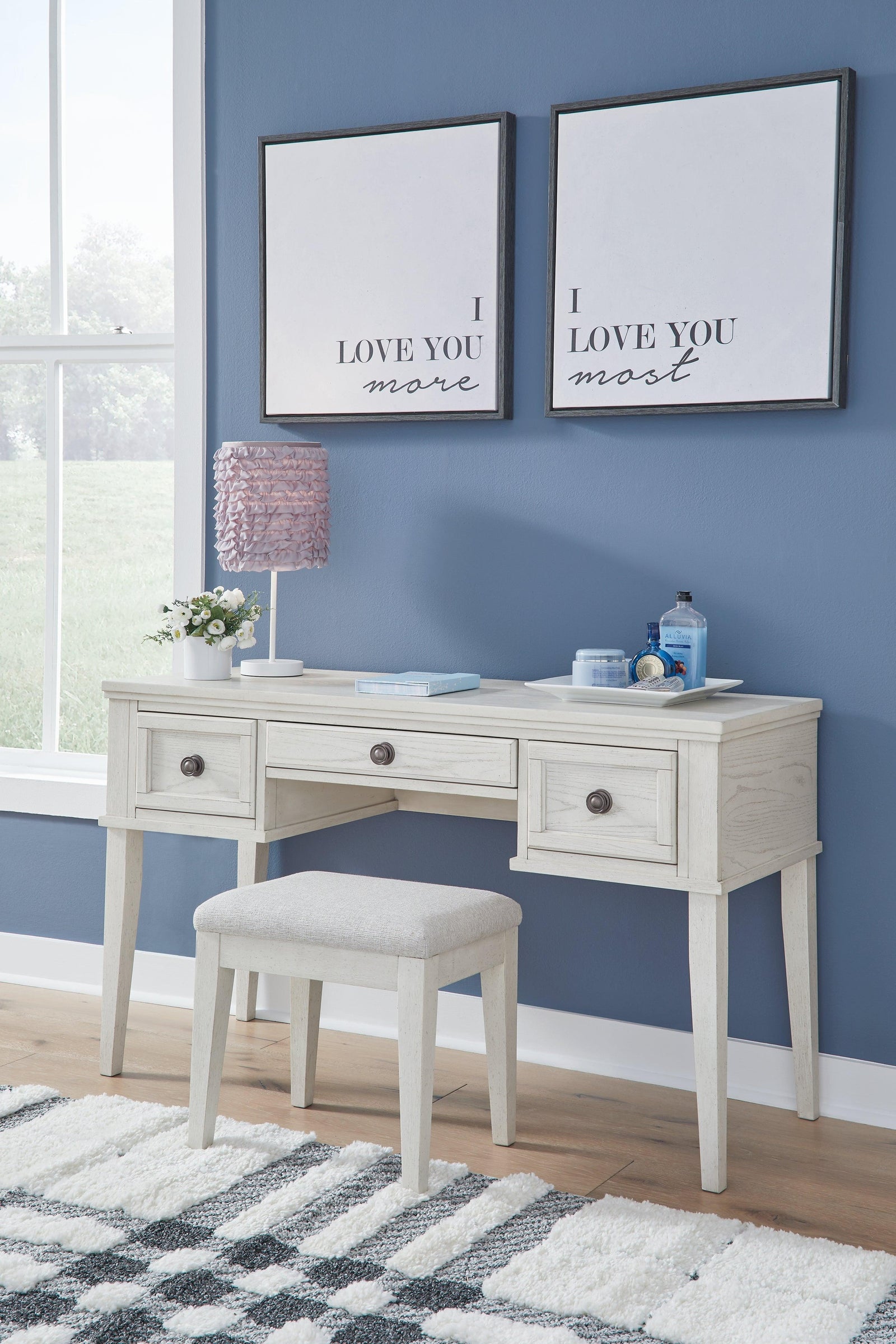 Robbinsdale Antique White Vanity With Stool - Ella Furniture