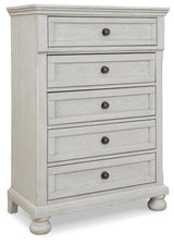 Robbinsdale Antique White Chest of Drawers side angle open drawer
