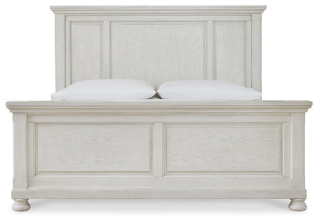 Close-up of carved headboard and grain texture on Robbinsdale King Panel Bed
