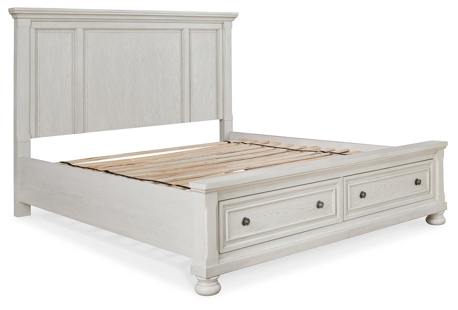 Robbinsdale Antique White Queen Panel Storage Bed headboard front view
