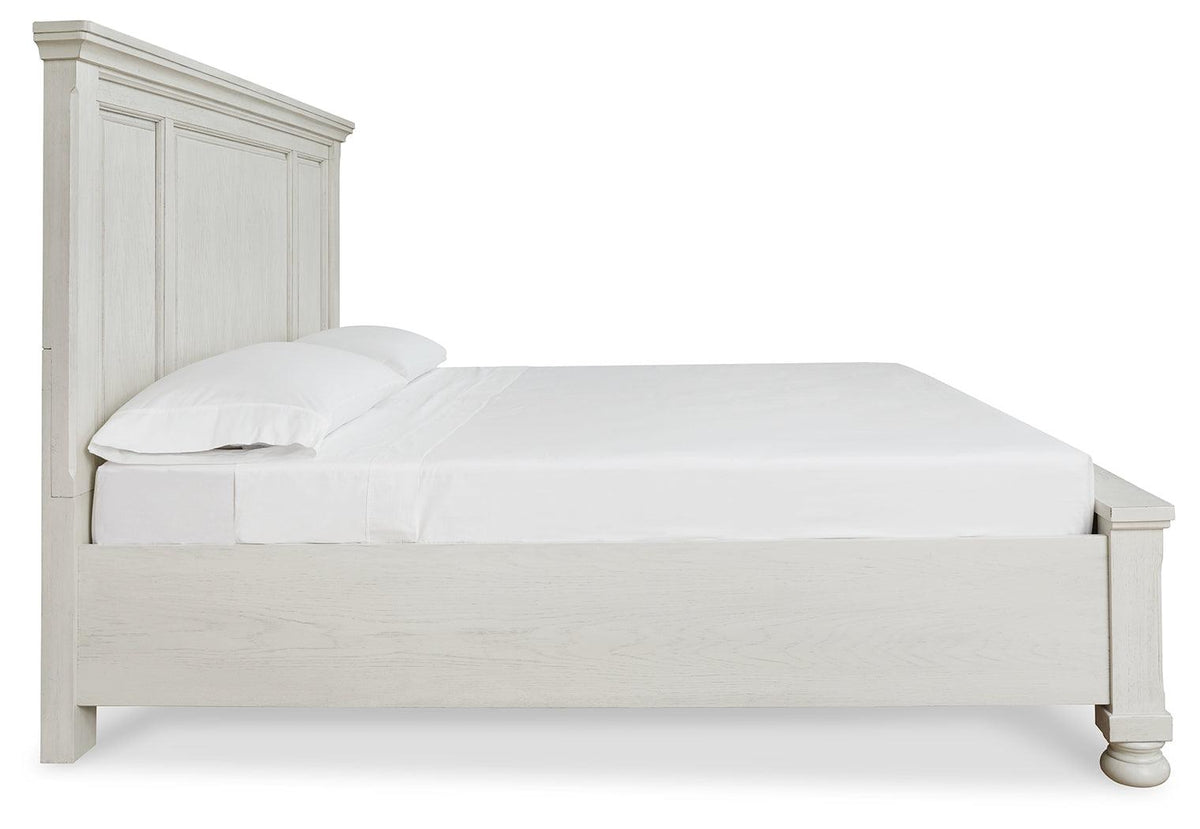 Robbinsdale Antique White King Panel Storage Bed side view
