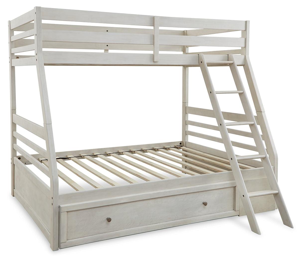 Robbinsdale Antique White Twin Over Full Bunk Bed ladder and guard rails close-up