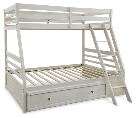 Robbinsdale Antique White Twin Over Full Bunk Bed ladder and guard rails close-up