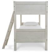 Back view showing structure of Robbinsdale Antique White Twin-Over-Twin Bunk Bed
