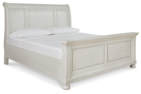 Robbinsdale Antique White Queen Sleigh Bed angled side view