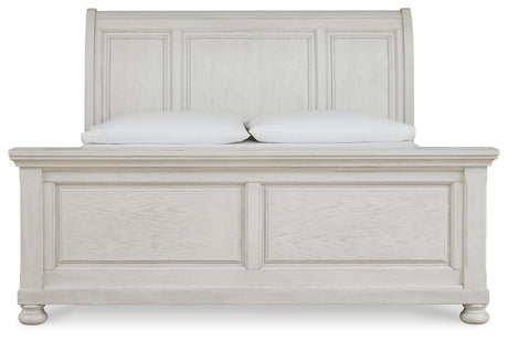 Robbinsdale Antique White Queen Sleigh Bed head-on view