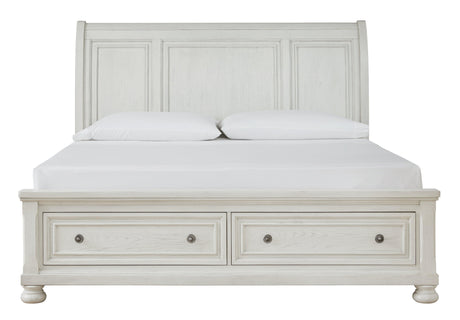 Robbinsdale Antique White King Sleigh Bed with Storage - side profile