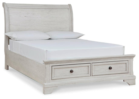 Robbinsdale Antique White Full Sleigh Storage Bed side view
