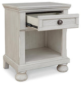 Robbinsdale Antique White Nightstand angled open drawer