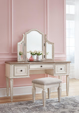 Realyn Two-Tone Vanity full front view with stool